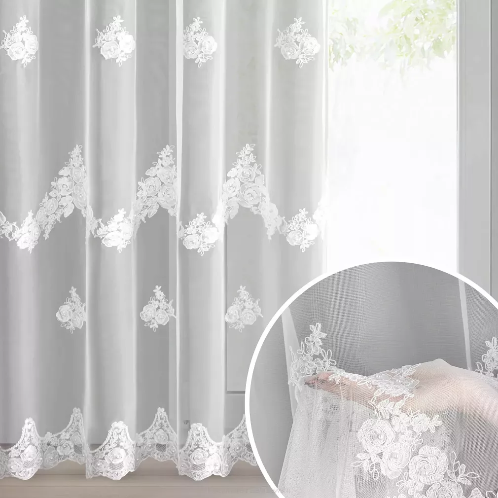 Firana gotowa na przelotkach ISARI 350x160 Eurofirany biała kwiatowy haft perełki
