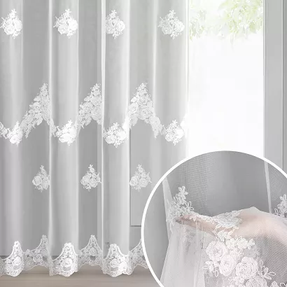 Firana gotowa na przelotkach ISARI 350x160 Eurofirany biała kwiatowy haft perełki