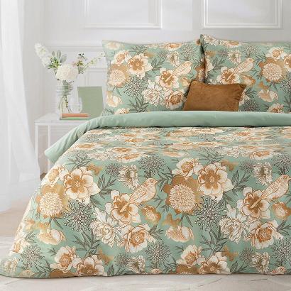 Pościel HOME02 160x200 Eurofirany miętowa kakaowa kwietny ogród ptaki