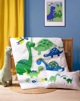 Pościel bawełniana 90x120 biała w zielone niebieskie wesołe dinozaury + cyferki