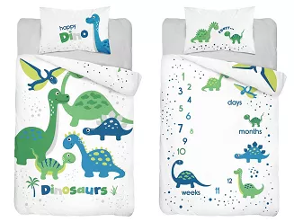 Pościel bawełniana 90x120 biała w zielone niebieskie wesołe dinozaury + cyferki