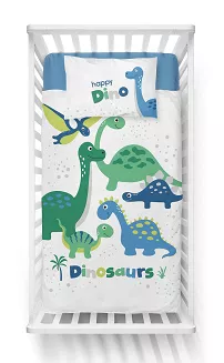 Pościel bawełniana 90x120 biała w zielone niebieskie wesołe dinozaury + cyferki