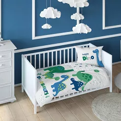 Pościel bawełniana 90x120 biała w zielone niebieskie wesołe dinozaury + cyferki