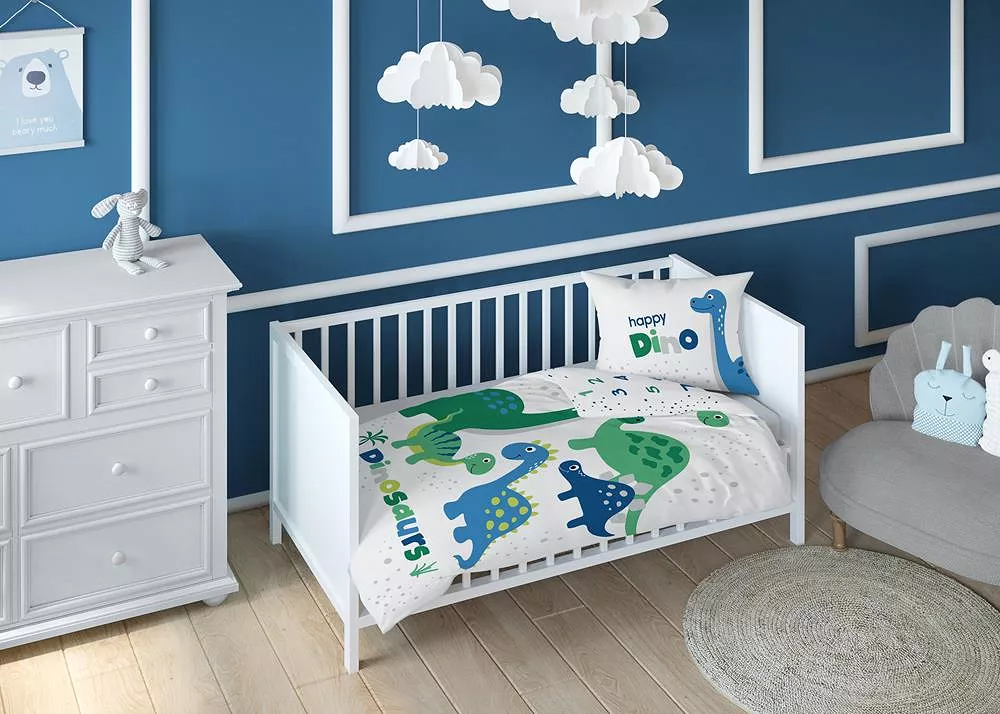 Pościel bawełniana 90x120 biała w zielone niebieskie wesołe dinozaury + cyferki