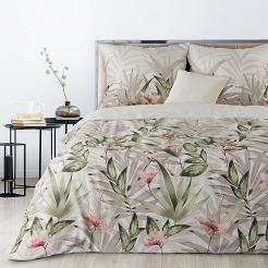 Pościel satynowa SPRING 200x220 Eurofirany biała beżowa zielona różowa egzotyczne liście kwiaty