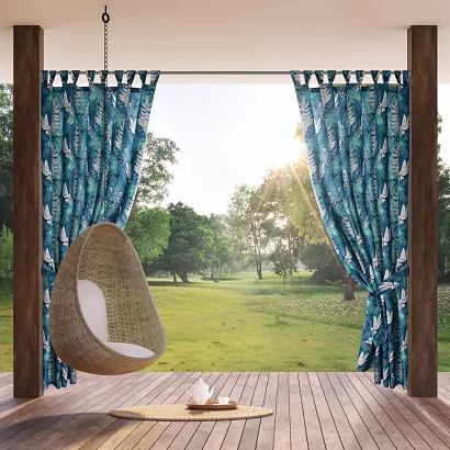 Zasłona gotowa na szelkach wodoodporna GARDEN 155x200 ogrodowa turkusowa z motywem botanicznym