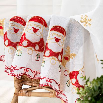 Firana świąteczna gotowa na przelotkach NOELLE 140x250 biała czerwone mikołaje śnieżynki