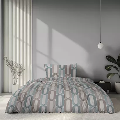 Pościel satynowa Home Satin 140x200 szara w beżowo-miętowym geometrycznym wzorze