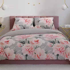 Komplet pościeli MARIGOLD z bawełny satynowej 160x200 szara różowa duże kwiaty peonie