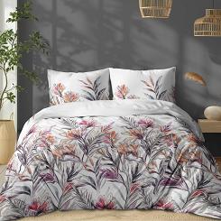 Pościel bawełniana 220x200 Detexpol biała fioletowa pomarańczowa egzotyczne kwiaty