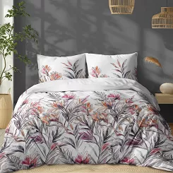 Pościel bawełniana 220x200 Detexpol biała fioletowa pomarańczowa egzotyczne kwiaty