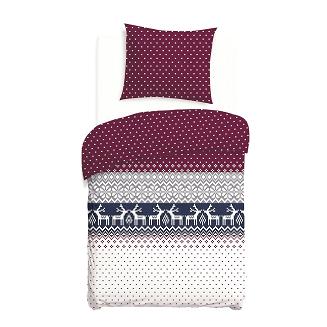 Pościel flanelowa FLANELOVE 140x200 biała bordowa w renifery i groszki