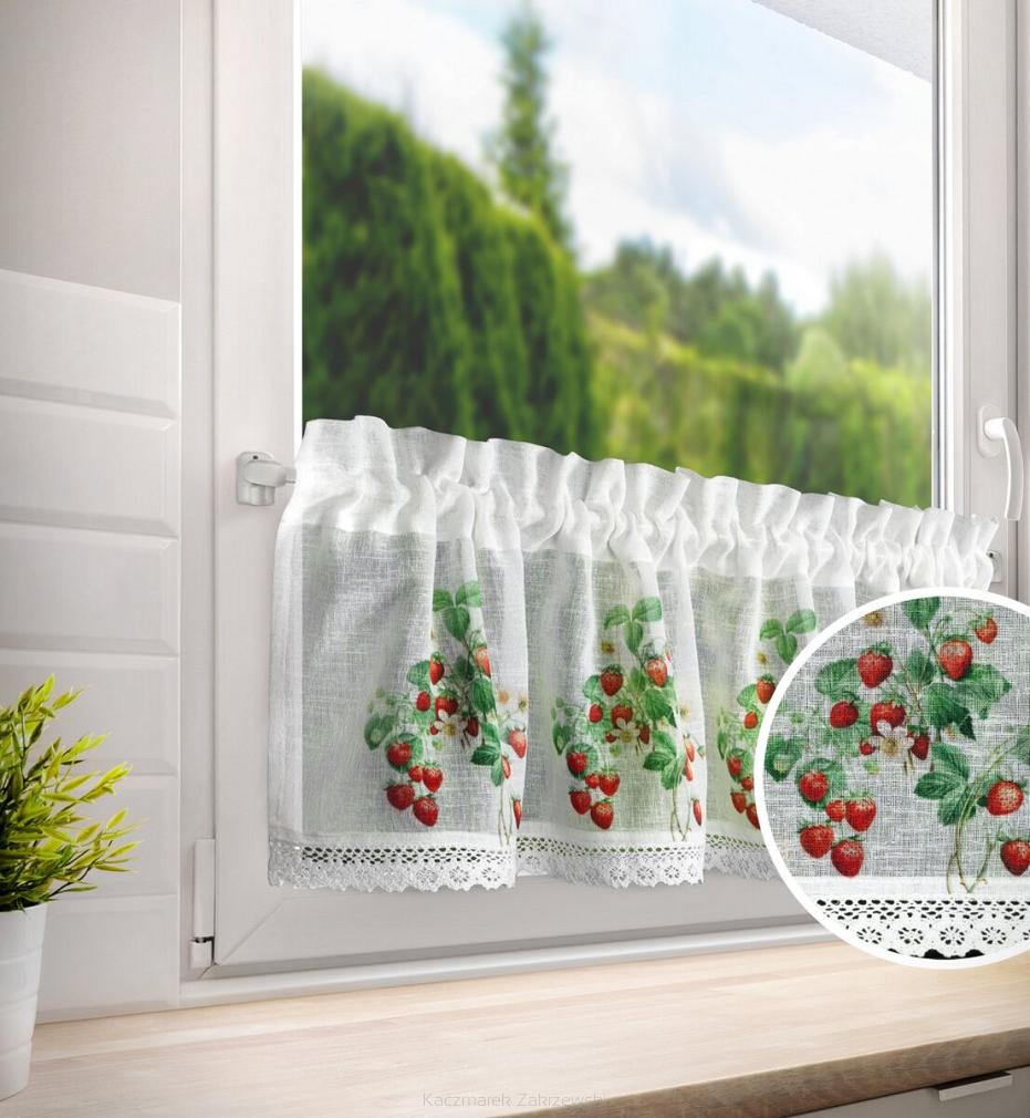 Zazdrostka firana gotowa na tunel KSENIA 130x50 Eurofirany biała zielona czerwona w truskawki