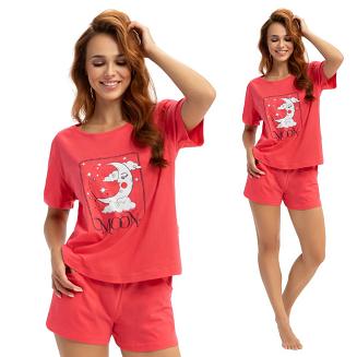 Piżama damska LUNA kod 595 koralowa z nadrukiem na koszulce