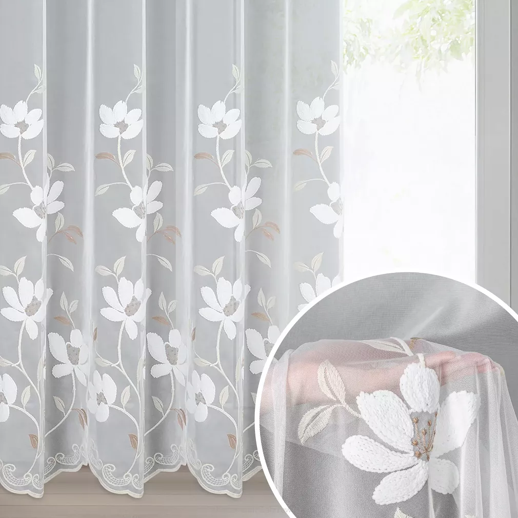 Firana gotowa na przelotkach SANDI 350x250 Eurofirany biała kremowy kawowy kwiatowy haft