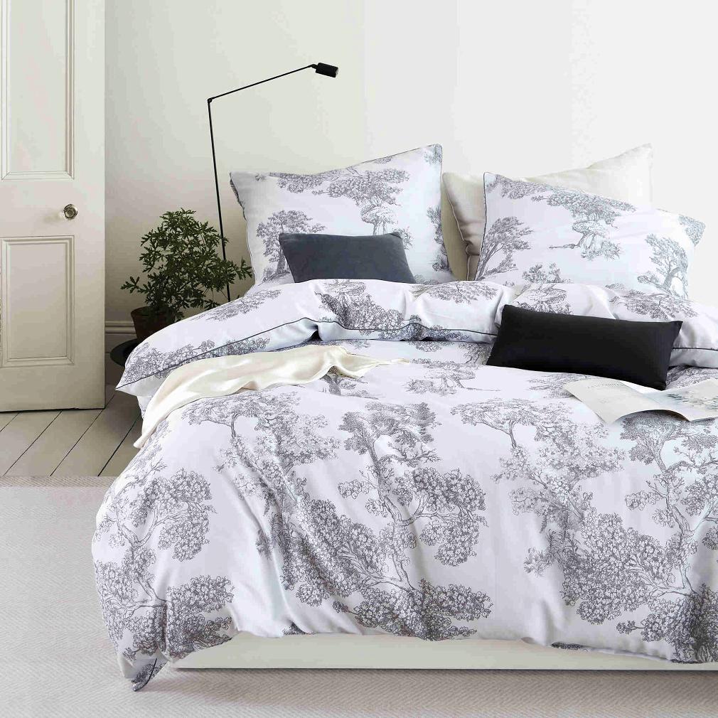 Biała Pościel Vintage z Nadrukiem Satyna Bawełniana 140x200 z Szarą Lamówką Biza