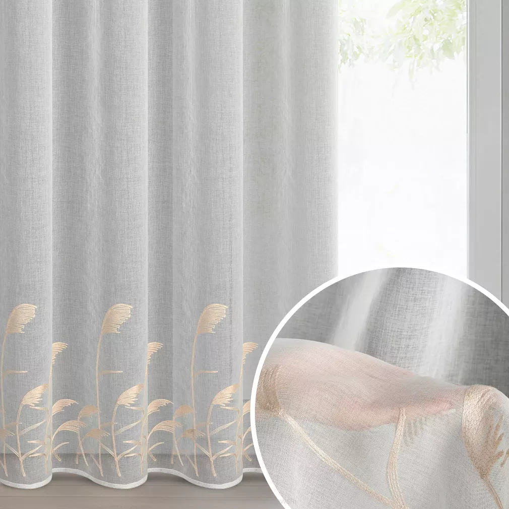 Firana gotowa na przelotkach TASHA 140x250 Eurofirany biała z etaminy beżowy haft roślinny trawy