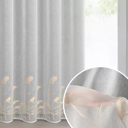 Firana gotowa na przelotkach TASHA 140x250 Eurofirany biała z etaminy beżowy haft roślinny trawy