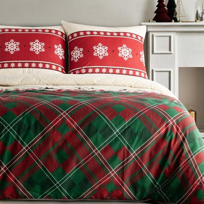 Komplet pościeli świąteczny AUSTIN 220x200 Eurofirany czerwony zileony kremowy skośna krata śnieżynk