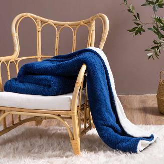 Koc narzuta Sherpa 150x200 granatowy biały dwustronny baranek