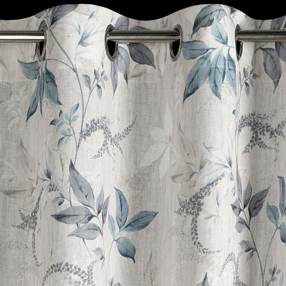 Zasłona gotowa na przelotkach NICOLA 140x250 Eurofirany naturalna niebieska z bawełną botaniczny wzó