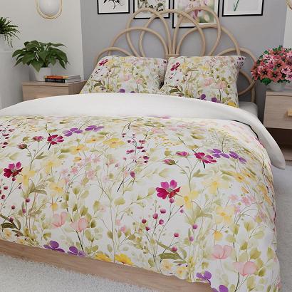 Komplet pościeli FLORINA z bawełny satynowej 220x200 biała żółta amarantowa kwietna łąka