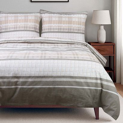 Pościel bawełniana COTTONLOVE 160x200 beżowa brązowa dekoracyjne pasy i krata