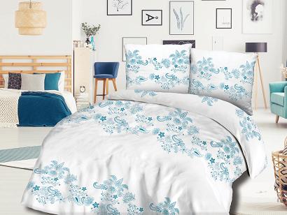 Pościel bawełniana 220x200 COTTONLOVE biała niebieskie wzorzyste kwiaty