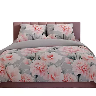Komplet pościeli MARIGOLD z bawełny satynowej 220x200 szara różowa duże kwiaty peonie