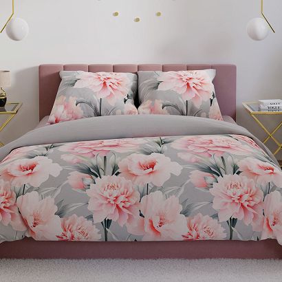 Komplet pościeli MARIGOLD z bawełny satynowej 220x200 szara różowa duże kwiaty peonie