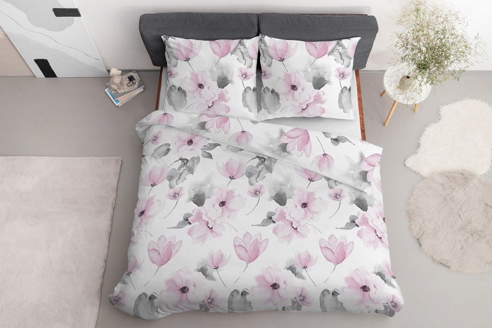 Pościel satynowa 200x220 Home Satin kwiaty na białym tle