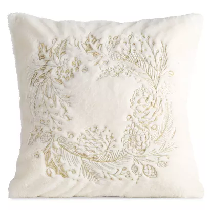Poszewka dekoracyjna świąteczna 45x45 Eurofirany kremowa futerko złoty haftowany wieniec