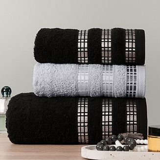 Ręcznik bawełniany LUXURY 70x140 szary z bordiurą w geometryczne pasy
