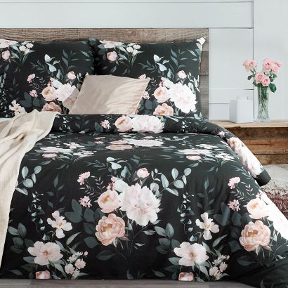 Pościel bawełniana ROSITA1 140x200 Eurofirany czarna szałwiowa różowa kwiaty peonie