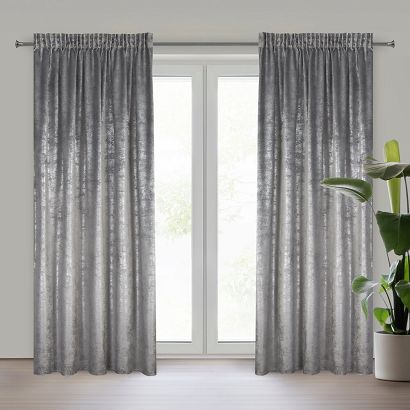Zasłona gotowa na taśmie AVENA 135x270 Eurofirany stalowa welwetowa srebrny nakrapiany nadruk