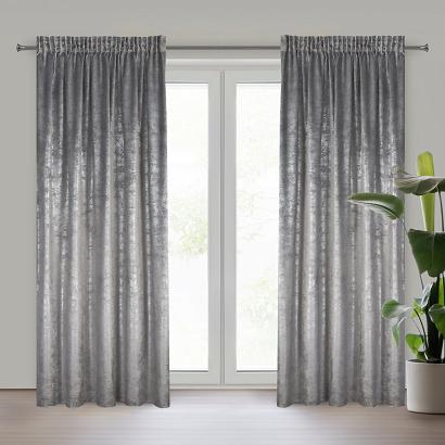 Zasłona gotowa na taśmie AVENA 135x270 Eurofirany stalowa welwetowa srebrny nakrapiany nadruk
