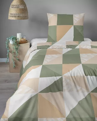 Pościel satynowa Home Satin 140x200 biała w beżowy zielony pudrowy geometryczny wzór