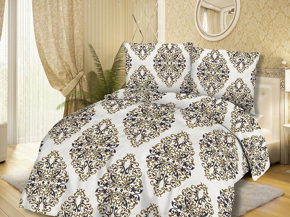 Pościel bawełniana 160x200 COTTONLOVE biała złote ornamenty glamour