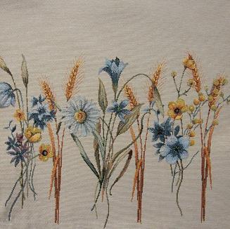 Obrus dekoracyjny gobelin 140x180 Eurofirany naturalny niebieskie kwiaty kłosy zboża