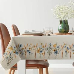 Obrus dekoracyjny gobelin 140x180 Eurofirany naturalny niebieskie kwiaty kłosy zboża