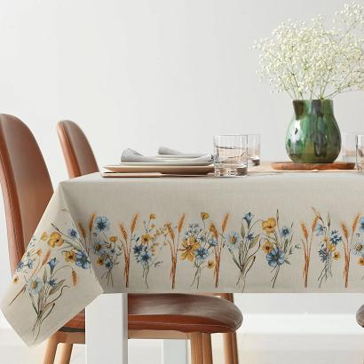 Obrus dekoracyjny gobelin 140x180 Eurofirany naturalny niebieskie kwiaty kłosy zboża