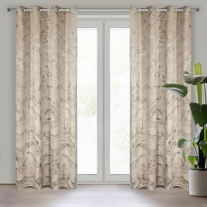 Zasłona gotowa na przelotkach DEBRA 135x270 Eurofirany beżowa welwetowa błyszczący nadruk w liście