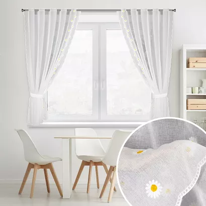 Firana gotowa na tunelu szelkach BELLIS 140x180 komplet 2 sztuki biała biała w stokrotki
