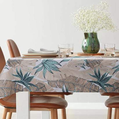 Obrus dekoracyjny wodoodporny GARDEN 140x220 Eurofirany beżowy w liście bananowca