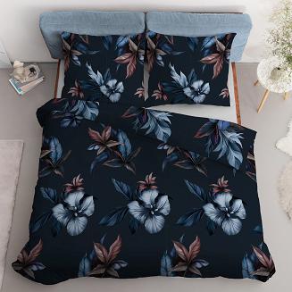 Pościel satynowa 140x200 granatowa duże kolorowe bukiety