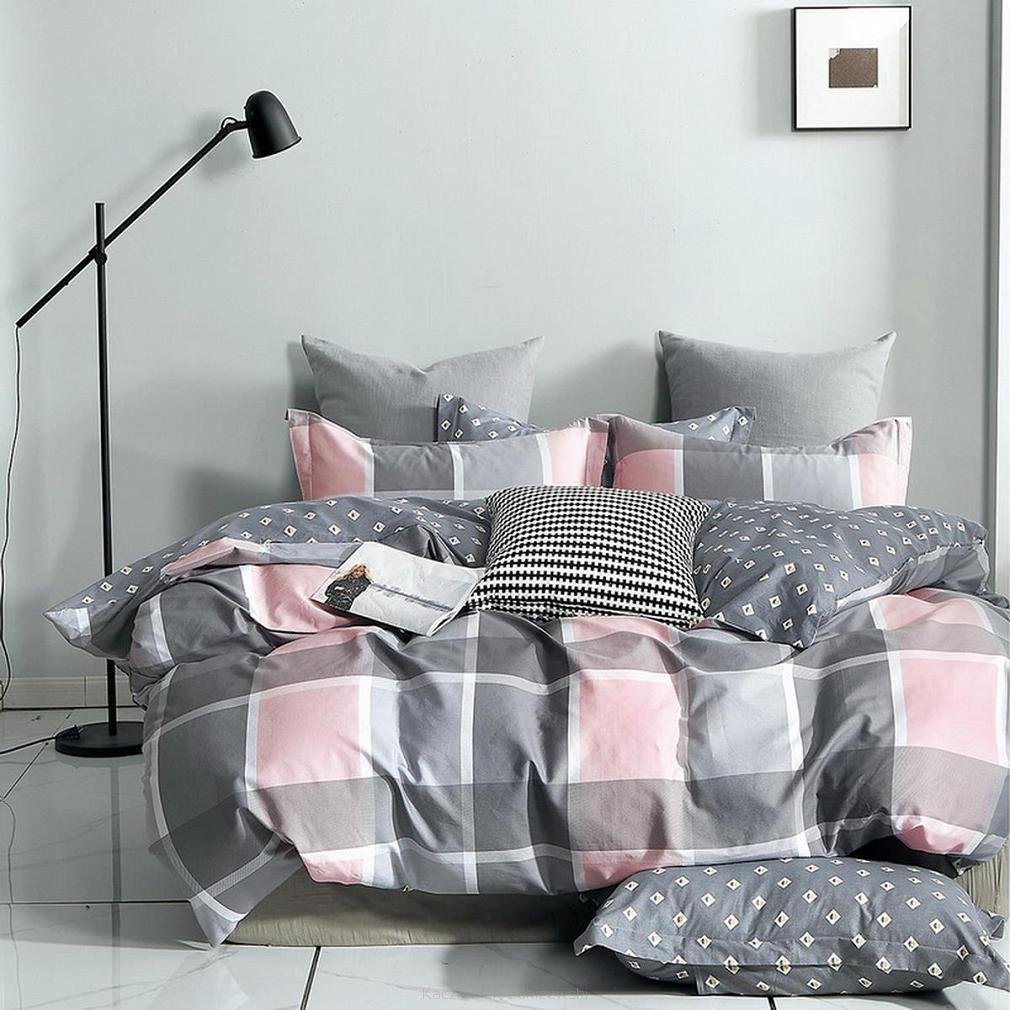 Pościel satynowa 140x200 wzór szara/ różowa krata