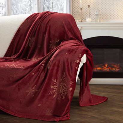 Koc świąteczny KOC27 150x200 Eurofirany bordowy ze złotym nadrukiem śnieżynek