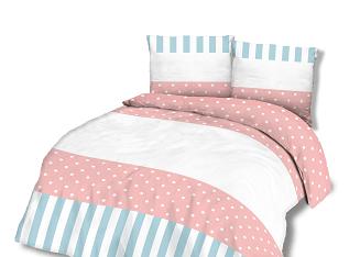 Pościel bawełniana 160x200 COTTONLOVE CLASSIC biała różowa niebieska kropki paski