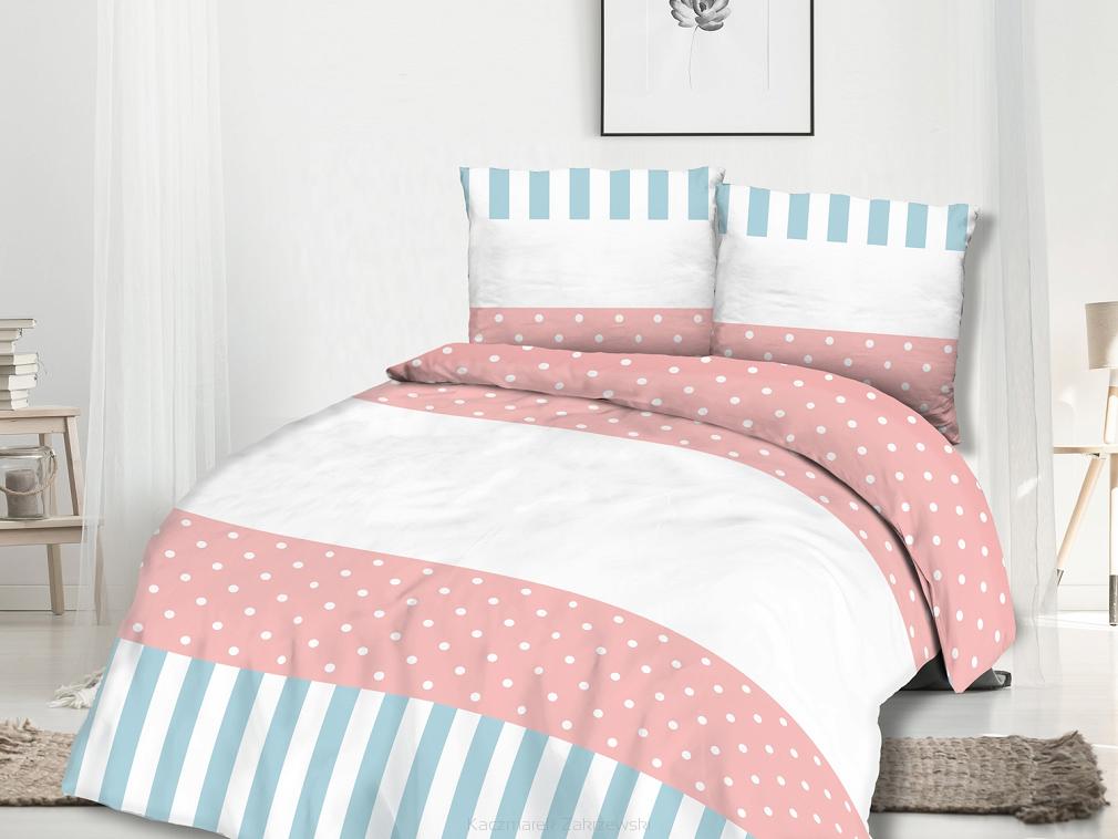 Pościel bawełniana 160x200 COTTONLOVE CLASSIC biała różowa niebieska kropki paski