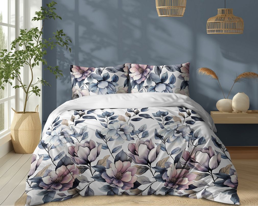 Pościel bawełniana 220x200 Detexpol biała granatowa pudrowa magnolie